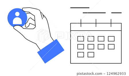 Hand holding a user icon next to a simplified calendar. Ideal for scheduling, personnel management, HR planning, appointments, event organization, team coordination, and productivity tools. Banner Hand holding a user icon next to a simplified calendar. Ideal for scheduling, personnel management, HR planning, appointments, event organization, team coordination, and productivity tools. Banner 124962933