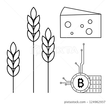 Three wheat stalks, a piece of cheese with holes, and a Bitcoin symbol with electronic circuitry connections. Ideal for agriculture, dairy industry, cryptocurrency, digital economy, technology Three wheat stalks, a piece of cheese with holes, and a Bitcoin symbol with electronic circuitry connections. Ideal for agriculture, dairy industry, cryptocurrency, digital economy, technology 124962937
