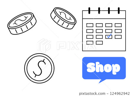 Coins, a calendar with a checkmark, and a blue speech bubble labeled Shop. Ideal for retail, budgeting, planning, finance management, and time management. Outline, modern, simple 124962942