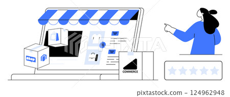 Online storefront with awning on a laptop screen, boxes, digital products, and a user pointing towards it. Ideal for online shopping, e-commerce, customer reviews, digital marketing, product 124962948