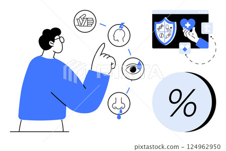 Person pointing at health-related icons including head, ear, eye, nose, and medical dashboard. Highlighting medical services, health monitoring, online consultation, healthcare insights, patient Person pointing at health-related icons including head, ear, eye, nose, and medical dashboard. Highlighting medical services, health monitoring, online consultation, healthcare insights, patient 124962950