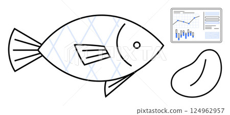Abstract geometric fish with diamond pattern, bean-shaped object, and digital analysis charts with graphs. Ideal for data analysis, business evaluation, environmental studies, food industry 124962957