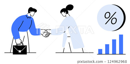 Two business professionals shaking hands, male holding briefcase, next to a bar graph and percent symbol. Ideal for business deals, partnerships, financial success, growth, investment, corporate 124962968