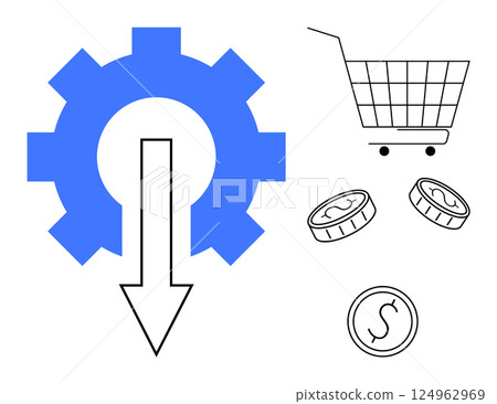 Blue gear, downward arrow, shopping cart, and coins. Ideal for economic efficiency, budget management, e-commerce, cost reduction, financial planning. Simple vector style emphasizes importance of 124962969