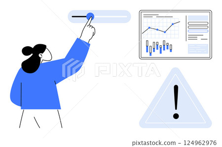 Businesswoman pointing at slider button, data analytics display with graphs and charts, and exclamation warning symbol. Ideal for business presentations, data analysis, settings adjustment, user Businesswoman pointing at slider button, data analytics display with graphs and charts, and exclamation warning symbol. Ideal for business presentations, data analysis, settings adjustment, user 124962976