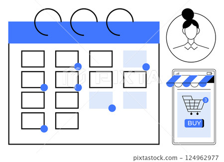 Calendar with days marked, user profile, and mobile shopping cart icon with notifications. Ideal for scheduling, e-commerce, user experience design, online shopping, and time management applications Calendar with days marked, user profile, and mobile shopping cart icon with notifications. Ideal for scheduling, e-commerce, user experience design, online shopping, and time management applications 124962977
