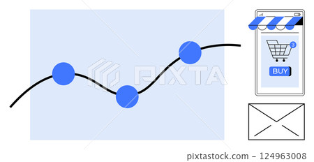 Line graph with blue dots shows sales growth. Mobile device with shopping cart and buy button emphasizes ecommerce. Email envelope represents marketing communication. Ideal for business growth Line graph with blue dots shows sales growth. Mobile device with shopping cart and buy button emphasizes ecommerce. Email envelope represents marketing communication. Ideal for business growth 124963008