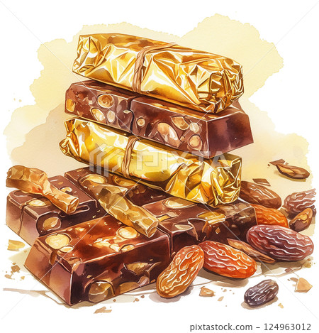 Delicious assortment of chocolate bars and nuts arranged aesthetically on a light background 124963012