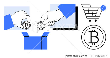 Hands inserting Bitcoin and Dollar coins into a box, shopping cart with notification, large Bitcoin symbol. Ideal for e-commerce, cryptocurrency, finance, shopping, digital transactions, fintech 124963013