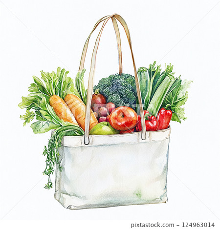 Fresh vegetables and fruits in a tote bag ready for a healthy meal at home 124963014