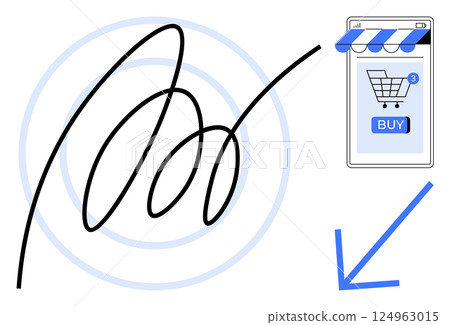 Hand-drawn lines, a smartphone with a shopping cart and buy button, blue arrow pointing to the cart icon. Ideal for online shopping, e-commerce, mobile apps, digital transactions, customer Hand-drawn lines, a smartphone with a shopping cart and buy button, blue arrow pointing to the cart icon. Ideal for online shopping, e-commerce, mobile apps, digital transactions, customer 124963015
