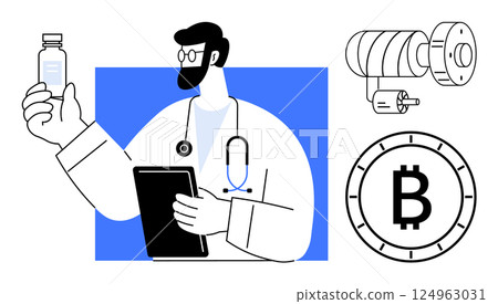Medical professional with stethoscope holding tablet and prescription bottle. Digital security camera and Bitcoin symbol overlayed. Ideal for healthcare technology, digital security, financial Medical professional with stethoscope holding tablet and prescription bottle. Digital security camera and Bitcoin symbol overlayed. Ideal for healthcare technology, digital security, financial 124963031
