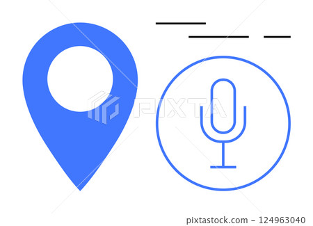 Blue location pin and circular microphone icon outlined in blue, highlighted with black lines. Ideal for navigation, voice command, digital assistant, geolocation, communication, podcasts, user 124963040