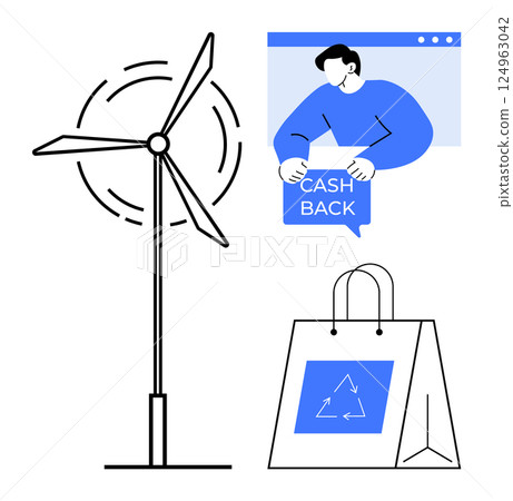 Wind turbine, person holding cash back sign on computer screen, and shopping bag with recycle symbol highlight sustainable practices. Ideal for eco-friendliness, green energy, online shopping 124963042