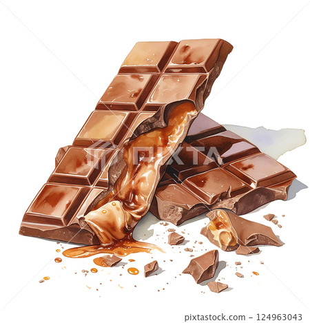 Rich chocolate bars with caramel filling displayed on a clean white background 124963043