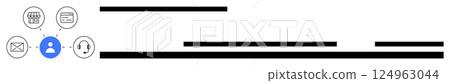 Network of communication icons connected to a central user icon. Includes web, email, phone, message, and headset symbols. Ideal for customer support, service centers, technology, digital Network of communication icons connected to a central user icon. Includes web, email, phone, message, and headset symbols. Ideal for customer support, service centers, technology, digital 124963044