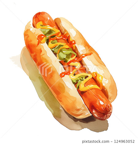 Enjoying a tasty hot dog topped with mustard, ketchup, and relish on a sunny day at a picnic or backyard gathering 124963052