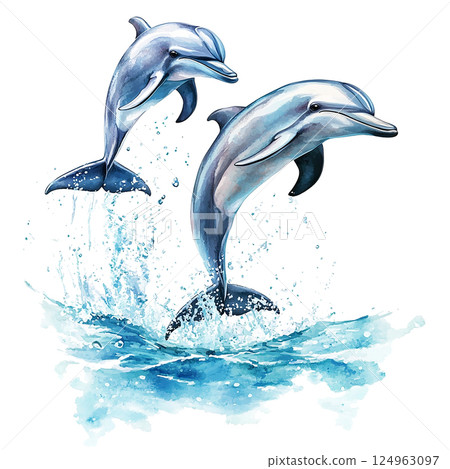 Dolphins gracefully leaping above ocean surface in vibrant watercolor style capturing marine beauty and energy 124963097