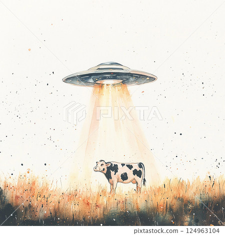 Strange encounter in a field as a UFO hovers above a cow during twilight 124963104