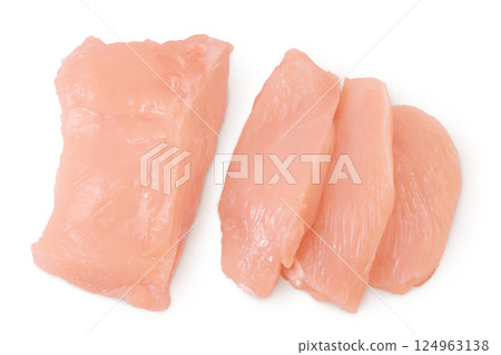 Raw chicken, fillet, isolated on white background. Top view. Flat lay 124963138