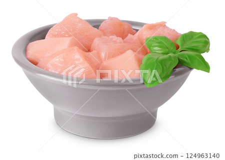 Raw diced chicken fillet in ceramic bowl isolated on white background. Top view. Flat lay Raw diced chicken fillet in ceramic bowl isolated on white background. Top view. Flat lay 124963140
