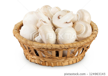Fresh mushroom champignon in a wicker basket isolated on white background 124963143