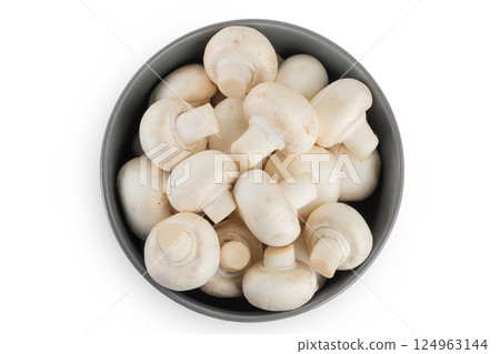 Fresh mushroom champignon in a ceramic bowl isolated on white background. Top view. Flat lay Fresh mushroom champignon in a ceramic bowl isolated on white background. Top view. Flat lay 124963144