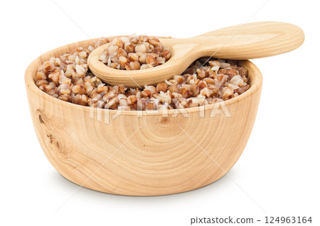 Boiled buckwheat in a wooden bowl isolated on white background Boiled buckwheat in a wooden bowl isolated on white background 124963164