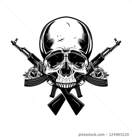 Illustration of the skull with crossed assault rifles. Design element for logo, label, sign, emblem. Vector illustration 124963220