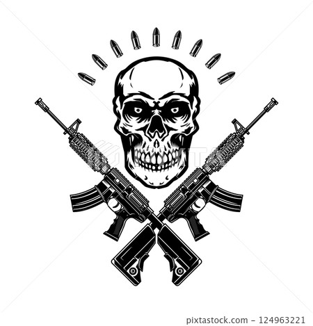 Illustration of the skull with crossed assault rifles. Design element for logo, label, sign, emblem. Vector illustration Illustration of the skull with crossed assault rifles. Design element for logo, label, sign, emblem. Vector illustration 124963221