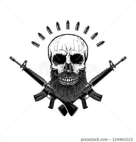 Illustration of the skull with crossed assault rifles. Design element for logo, label, sign, emblem. Vector illustration 124963223