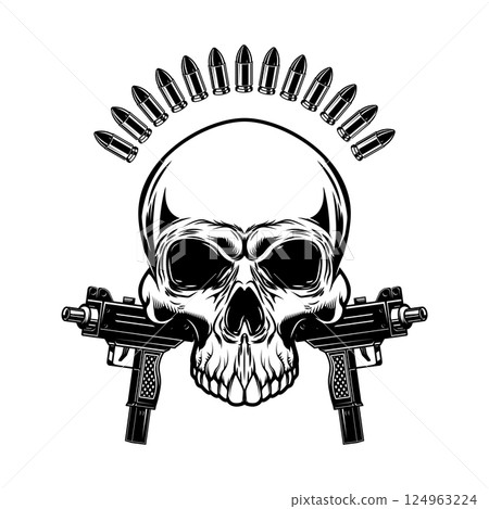 Illustration of the skull with crossed assault rifles. Design element for logo, label, sign, emblem. Vector illustration Illustration of the skull with crossed assault rifles. Design element for logo, label, sign, emblem. Vector illustration 124963224