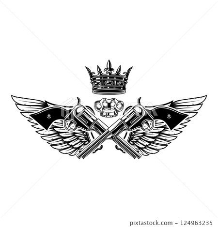 Two guns and wings with king crown. Design element for logo, label, sign, poster, badge. Vector illustration 124963235