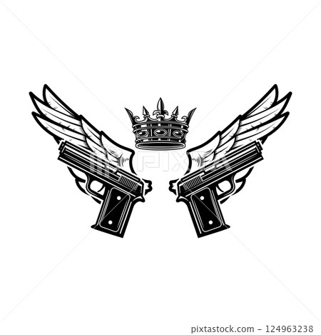 Two guns and wings with king crown. Design element for logo, label, sign, poster, badge. Vector illustration Two guns and wings with king crown. Design element for logo, label, sign, poster, badge. Vector illustration 124963238