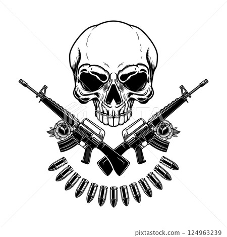 Illustration of the skull with crossed assault rifles. Design element for logo, label, sign, emblem. Vector illustration 124963239