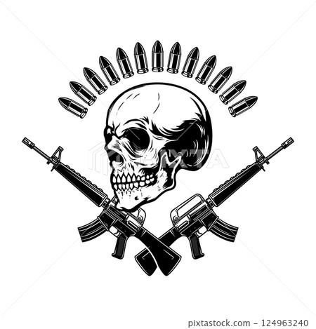 Illustration of the skull with crossed assault rifles. Design element for logo, label, sign, emblem. Vector illustration Illustration of the skull with crossed assault rifles. Design element for logo, label, sign, emblem. Vector illustration 124963240