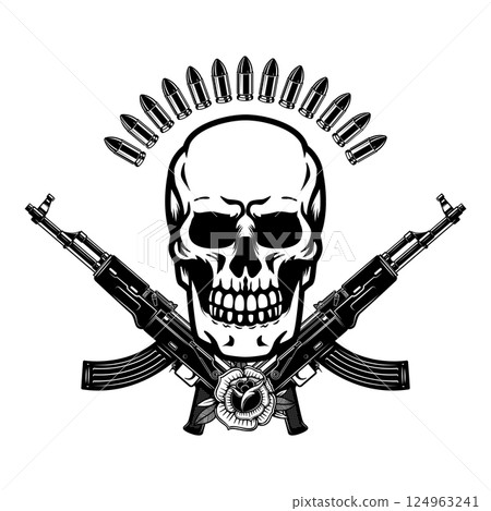 Illustration of the skull with crossed assault rifles. Design element for logo, label, sign, emblem. Vector illustration Illustration of the skull with crossed assault rifles. Design element for logo, label, sign, emblem. Vector illustration 124963241