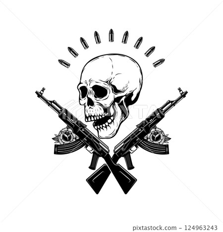 Illustration of the skull with crossed assault rifles. Design element for logo, label, sign, emblem. Vector illustration Illustration of the skull with crossed assault rifles. Design element for logo, label, sign, emblem. Vector illustration 124963243