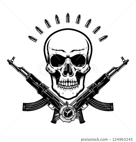 Illustration of the skull with crossed assault rifles. Design element for logo, label, sign, emblem. Vector illustration Illustration of the skull with crossed assault rifles. Design element for logo, label, sign, emblem. Vector illustration 124963245