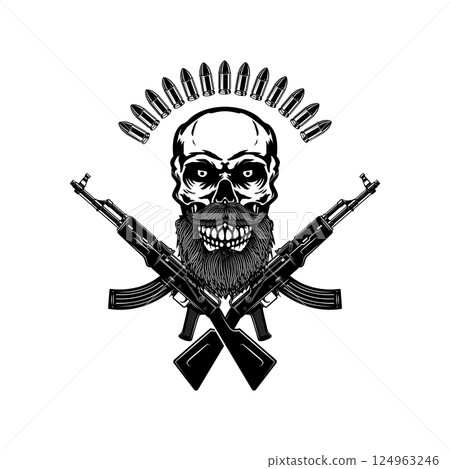 Illustration of the skull with crossed assault rifles. Design element for logo, label, sign, emblem. Vector illustration 124963246