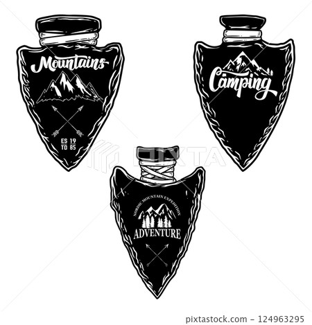 Set of Camping emblem in arrowhead shape. Design element for poster, card, banner, emblem, sign. Vector illustration Set of Camping emblem in arrowhead shape. Design element for poster, card, banner, emblem, sign. Vector illustration 124963295