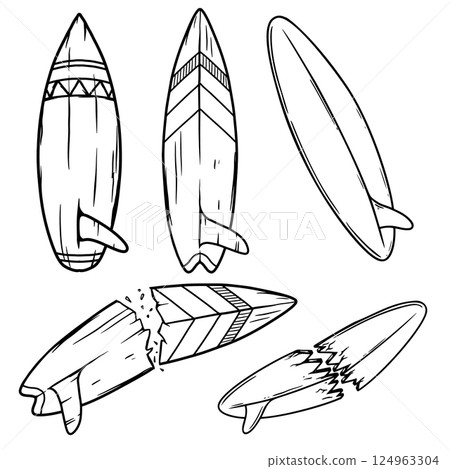Set of illustration of surfing boards. Design element for poster, card, banner, emblem, sign. Vector illustration Set of illustration of surfing boards. Design element for poster, card, banner, emblem, sign. Vector illustration 124963304