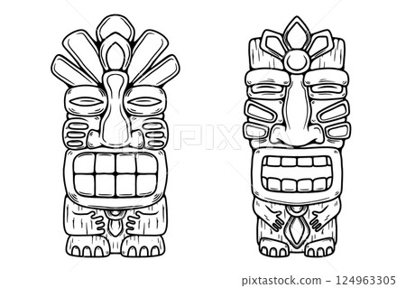 Traditional polynesian tiki idol. Illustration of tribal tiki mask. Design element for decorations. Vector illustration Traditional polynesian tiki idol. Illustration of tribal tiki mask. Design element for decorations. Vector illustration 124963305