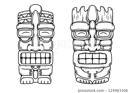 Traditional polynesian tiki idol. Illustration of tribal tiki mask. Design element for decorations. Vector illustration 124963306