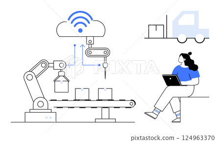 Robotic arm assembling products on conveyor belt linked to cloud, truck for logistics. Woman monitors with laptop. Ideal for industrial automation, smart factories, IoT, logistics, supply chain 124963370