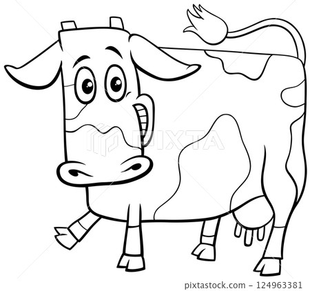 happy cartoon spotted cow farm animal character coloring page happy cartoon spotted cow farm animal character coloring page 124963381
