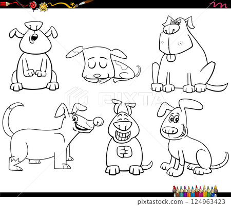 cartoon dogs and puppies comic animal characters set coloring page 124963423
