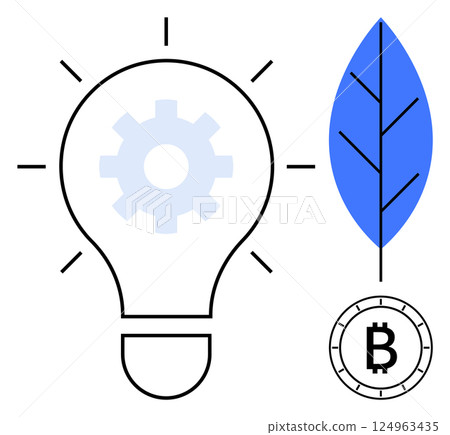 Lightbulb with gear inside and rays, blue leaf with vein, Bitcoin symbol in a coin. Ideal for technology, innovation, cryptocurrency, sustainability, eco-friendly solutions, energy efficiency, modern Lightbulb with gear inside and rays, blue leaf with vein, Bitcoin symbol in a coin. Ideal for technology, innovation, cryptocurrency, sustainability, eco-friendly solutions, energy efficiency, modern 124963435