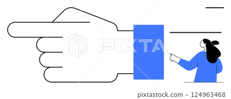 A large hand pointing to the left with a small person pointing in the same direction. The hand is outlined in black, while the person is dressed in blue. Ideal for communication, direction, guidance 124963468