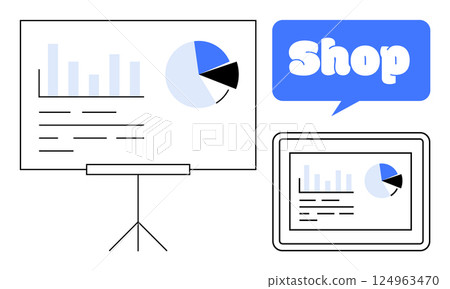 Blue and white colour scheme. Graphical charts on a presentation board and a tablet with Shop dialogue bubble. Ideal for business, e-commerce, marketing, online shopping, presentations. Simple 124963470